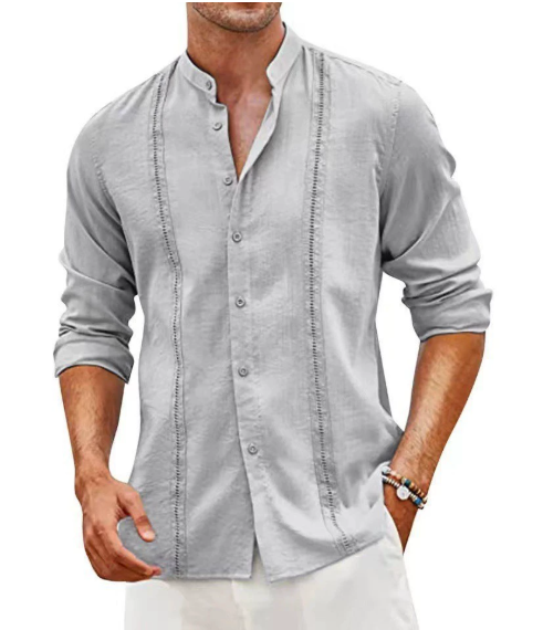 New style for men, fashionable casual shirt in Cuban style, button placket, summer beach resort shirt in cotton linen with stand-up collar