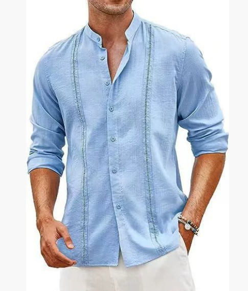 New style for men, fashionable casual shirt in Cuban style, button placket, summer beach resort shirt in cotton linen with stand-up collar