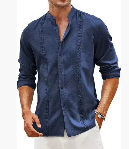 New style for men, fashionable casual shirt in Cuban style, button placket, summer beach resort shirt in cotton linen with stand-up collar