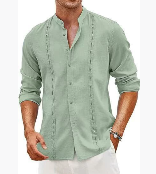 New style for men, fashionable casual shirt in Cuban style, button placket, summer beach resort shirt in cotton linen with stand-up collar